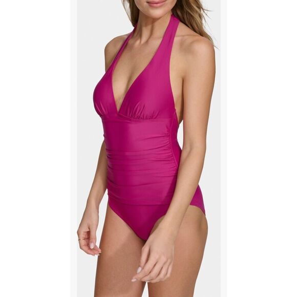 DKNY Large Tie-Back Halter-Style One Piece Swimsuit Pink Multi NWT - Picture 1 of 6